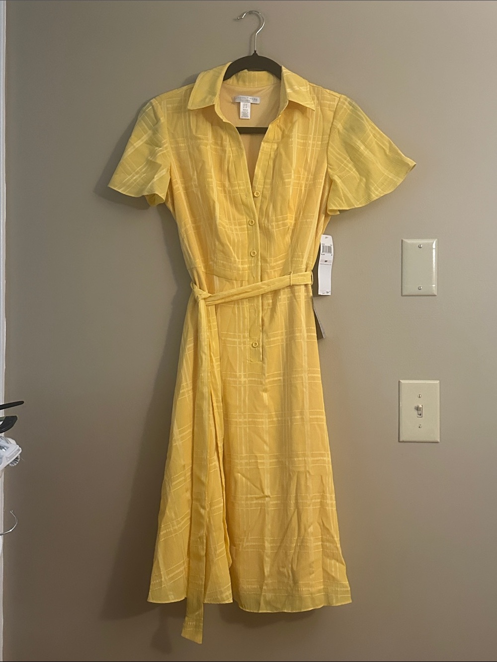 London Times Yellow Button-Front Midi Dress with Tie Belt